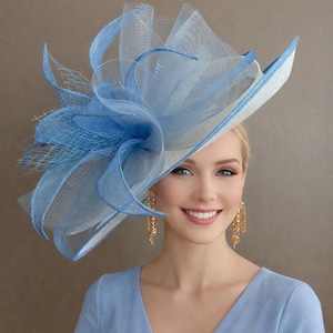 Large Ivory Sinamay Kentucky Derby Hatinator(G3) With Blue Bell Trim and Bow Accents
