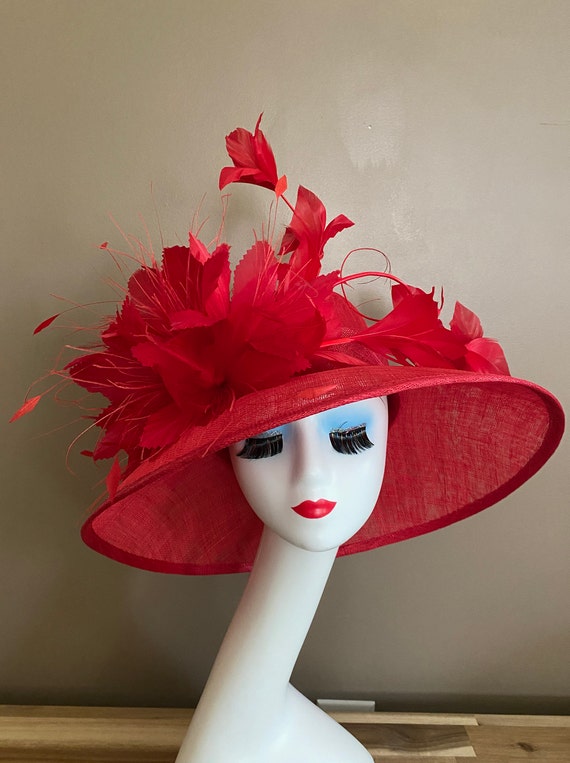 Red Sinamay Derby Hat(g6): Wide Brim Feather Flower Couture 