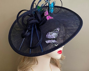 Navy Blue Saucer with Upturned Brim, Sinamay Derby Fascinator with Multiple Color Butterfly, Mother's Day Wedding Tea Race Church Easter Hat