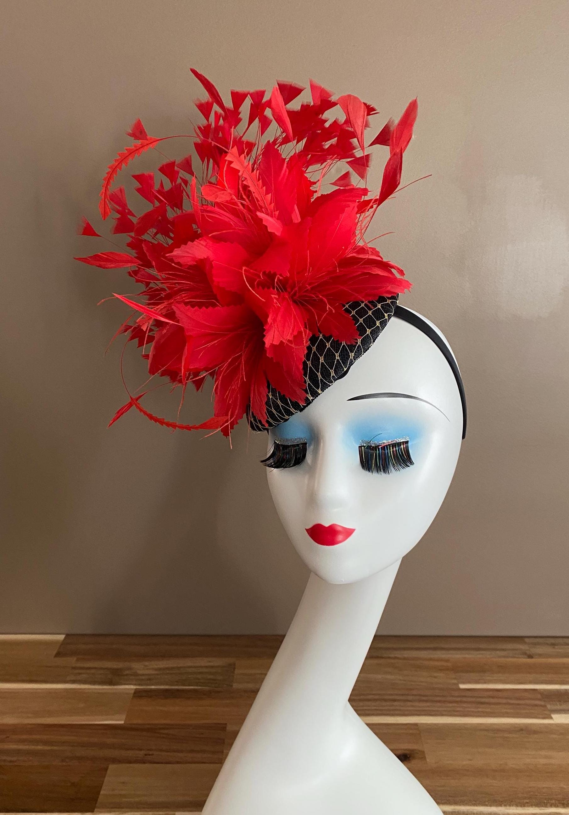 Kentucky Derby Hat Fascinator Elegant Red Floral Feather Ascot Oaks Headwear kentucky derby hat fascinator large cherry red and light  main image 2