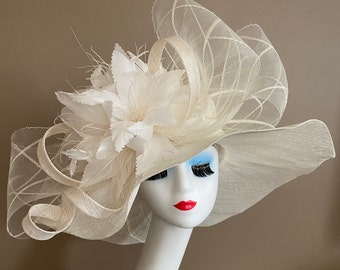 Ivory White Wide Brim Carriage Church Kentucky Derby Hat with Large Ivory Netting Bow and White Feather Flowers. Easter Race Wedding Tea Hat