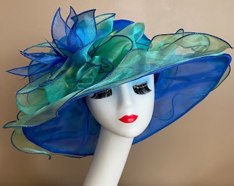 Royal Blue/Green Kentucky Derby Hat. Organza Dress Hat. Mother's Day Hat. Easter Hat. Church Hat. Ascot Hat. Tea Hat. Cocktail Hat. Race Hat