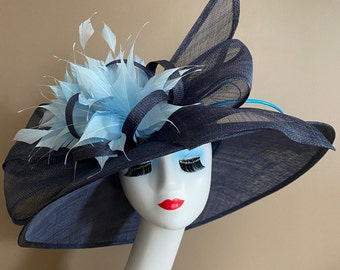Large Navy Blue Wide Brim Church Carriage Kentucky Derby Hat W Sinamay Bow and Powder Blue Feather Flowers. Mother Day Easter Race Tea Hat
