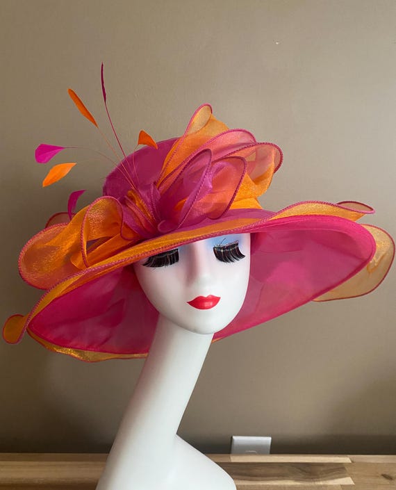 Kentucky Derby Hat Fascinator Elegant Orange and Purple Feather Organza s-l400.jpg main image 4
