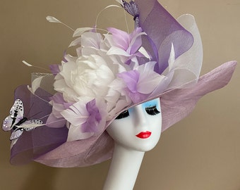 Lavender/Lilac/White Kentucky Derby Hat. Mother's Day Hat. Lilac Royal Ascot Hat. White Bridal/Tea Hat. Lavender Race Hat