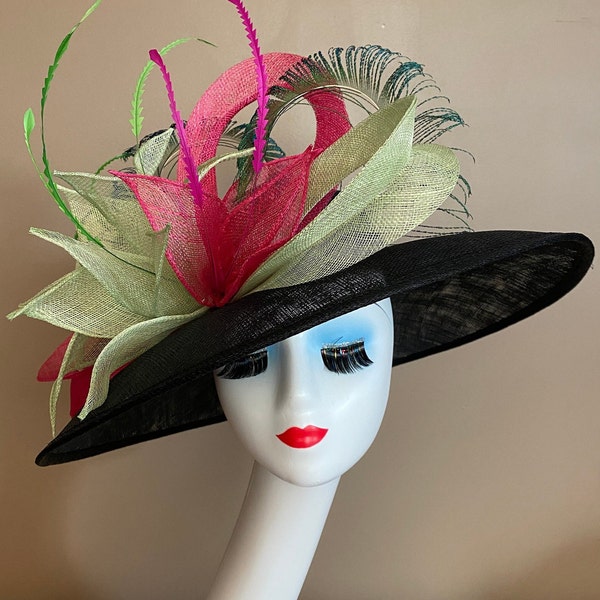 Black Church Carriage Kentucky Derby Hat W Lime/Hot Pink Large Bow & Flower. Sinamay cartwheel Vintage hat. Mother's Day Easter Wedding Hat