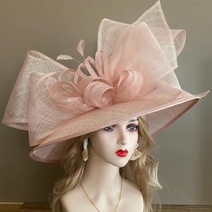 Blush Pink Kentucky Derby Hat: Wide Brim Sinamay Bow Feathered Hat