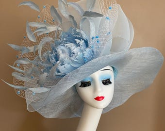 Baby Blue Kentucky Derby Hat(g3): Wide Brim Sinamay, Feather Flower