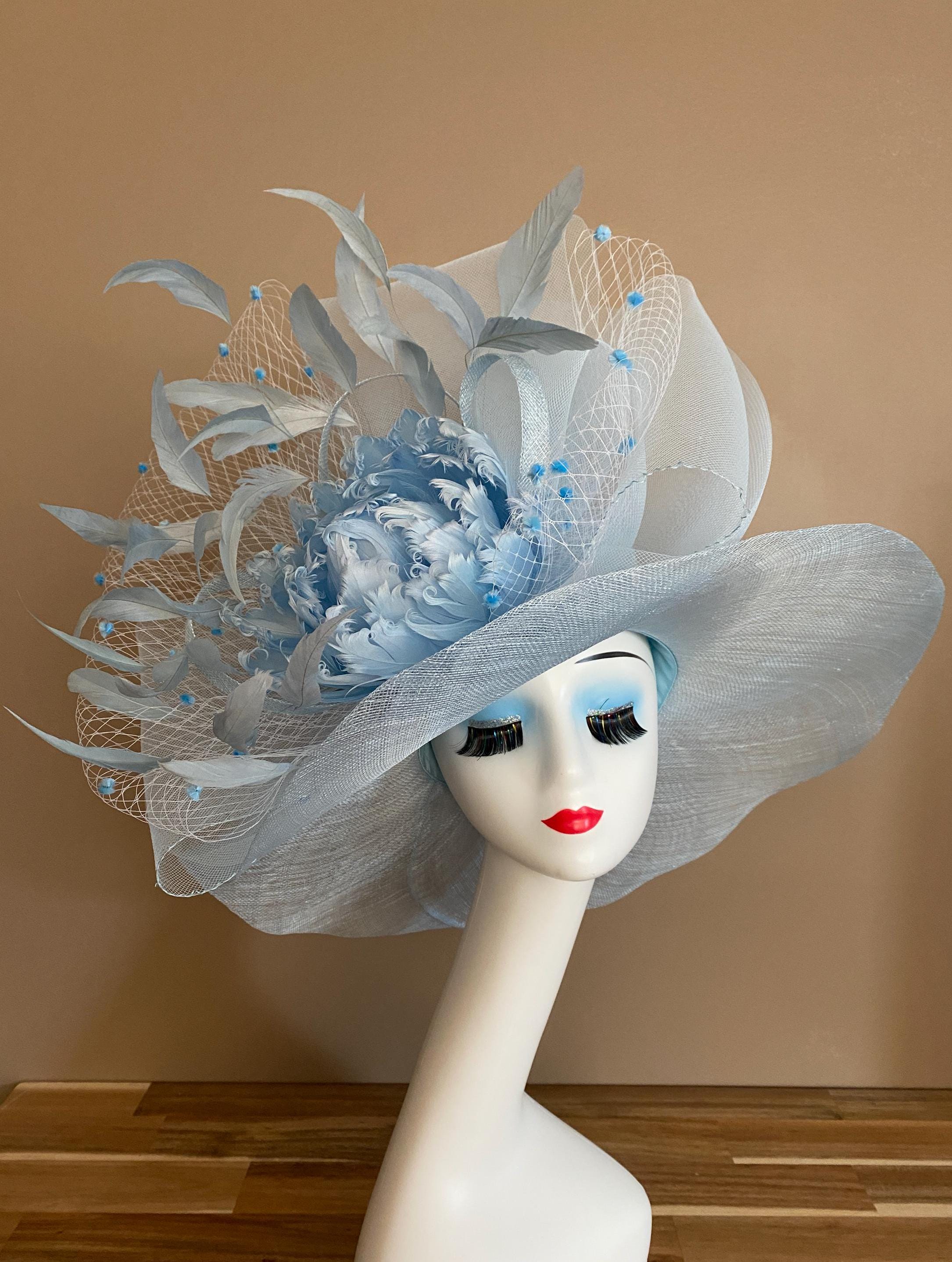 NEW Kentucky Derby Baby Blue Fascinator Hat. See pictures for measurements kentucky derby hat fascinator royal blue woven base with  main image 2