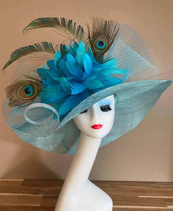 Turquoise Blue Wide Brim Derby Hat: Peacock Feather Kentucky  display picture 1