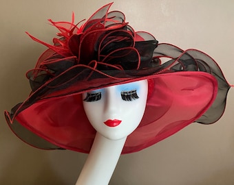 Red/Black Kentucky Derby Hat. Organza Dress Hat. Mother's Day Hat. Easter Hat. Church Hat. Ascot Hat. Tea Hat. Cocktail Hat. Race Hat