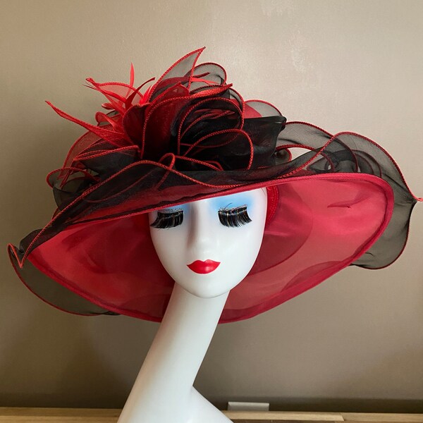 Red/Black Kentucky Derby Hat. Organza Dress Hat. Mother's Day Hat. Easter Hat. Church Hat. Ascot Hat. Tea Hat. Cocktail Hat. Race Hat