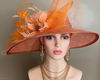 Copper Orange Sinamay Kentucky Derby Hat m2: Feather Flower and Netting Bow Adorned Hat