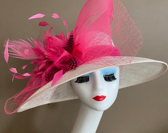 Ready to Ship: Ivory White/Hot Pink Church Carriage Kentucky Derby Hat W Netting Bow & Pink Feather Flower. Mother Day Wedding Tea Race Hat