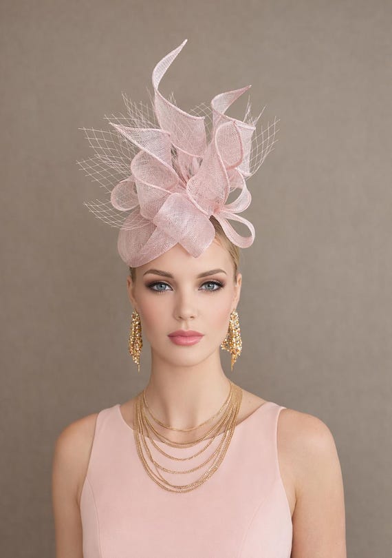 Kentucky Derby Pink Sinamay Fascinator Hat – Elegant Bow Headpiece Ivory Sinamay Fascinator Hat, Pale Pink Silk Bow, Ascot  main image 4