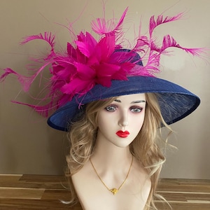 Navy Blue Kentucky Derby Hat: Fuchsia Feather Flower Sinamay Wedding Hat