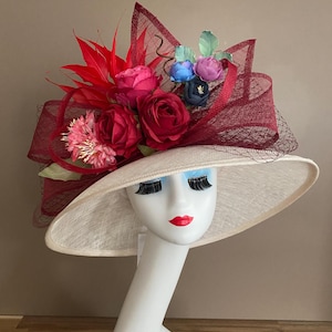 Wide Brim Sinamay Derby Hat: Ivory, Red, Multicolor Silk Flowers