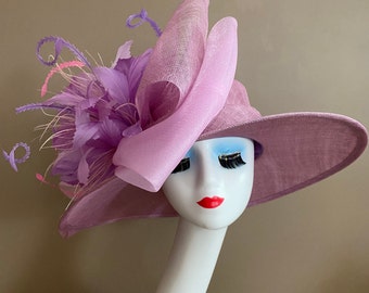 Lavender Wide Brim Church Carriage Kentucky Derby Hat with Large Bow and Feather Flower. Mother's Day Hat. Easter Race Ascot Wedding Tea Hat