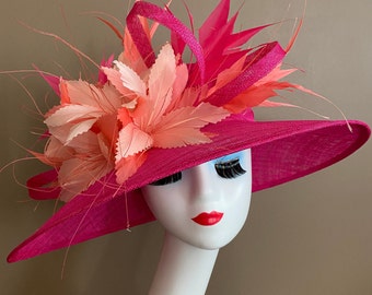 Hot Pink Church Carriage Kentucky Derby Hat W Sinamay Bow & Shades Pink Feather Flower. Pink Mother Day Easter Ascot Wedding Tea Race Hat