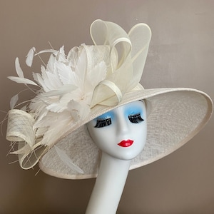 Ivory White Wide Brim Sinamay Derby Hat: Feather Flower & Netting