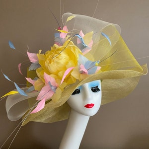 Yellow Sinamay Derby Hat: Wide Brim Feather Flower Race Day Hat