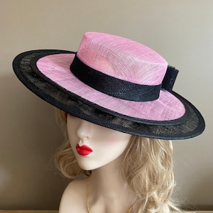 Pink Sinamay Kentucky Derby Fascinator: Black Bow Ascot Hat