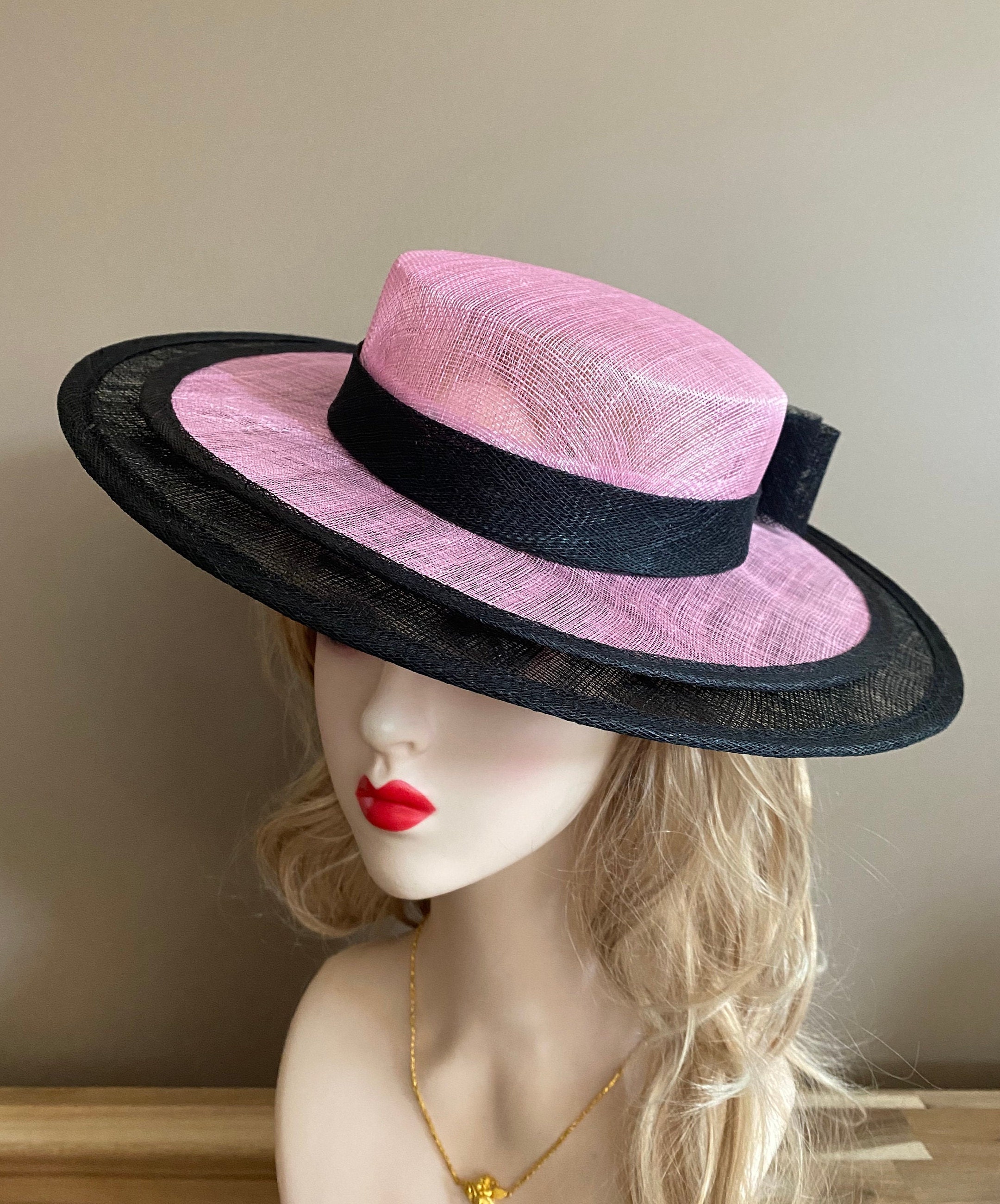 Pink Sinamay Kentucky Derby Fascinator: Black Bow Ascot Hat  display picture 2