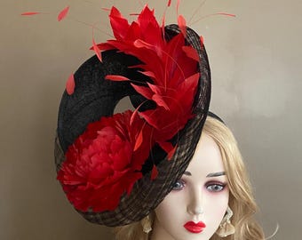 MF9006 Red/black Sinamay Fascinator Hat With Sculptural  display picture 3