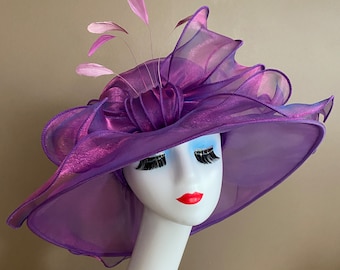 Purple Church Carriage Kentucky Derby Hat with Large Bow. Purple/Lavender Organza Dress Hat. Mother's Day Easter Ascot Tea Cocktail Race Hat