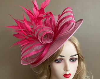 Flamingo Sinamay Church Carriage Kentucky Derby Fascinator W Shades Pink Bow & Feather Flower. Mother Day Wedding Tea Race Hat