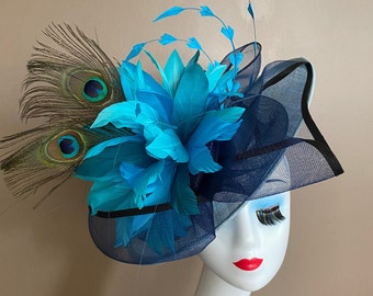 Kentucky Derby Hat Fascinator Navy Blue Satin With Netting  display picture 1