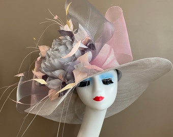 Ready to Ship: Silver Gray Wide Brim Church Carriage Kentucky Derby Hat with Gray/Pink Large Netting Bow and Multi-color Feather Flowers