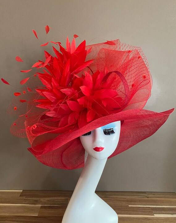 Red Kentucky Derby Hat, Wide Brim Sinamay With Feather  display picture 3