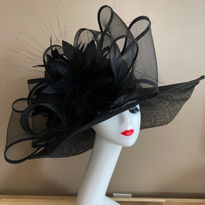 Black Wide Brim Church Carriage Kentucky Derby Hat W Large Black Netting/Sinamay Bow & Feather Flower Mother Day Easter Race Wedding Tea Hat image 4