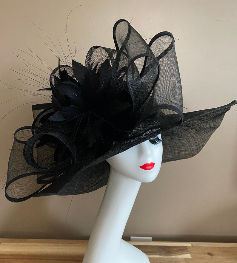 Black Wide Brim Church Carriage Kentucky Derby Hat W Large Black Netting/Sinamay Bow & Feather Flower Mother Day Easter Race Wedding Tea Hat image 4