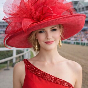 Red Large Wide Brim Sinamay Kentucky Derby Hat(G7): Netting Bow with Sinamay Flower image 2