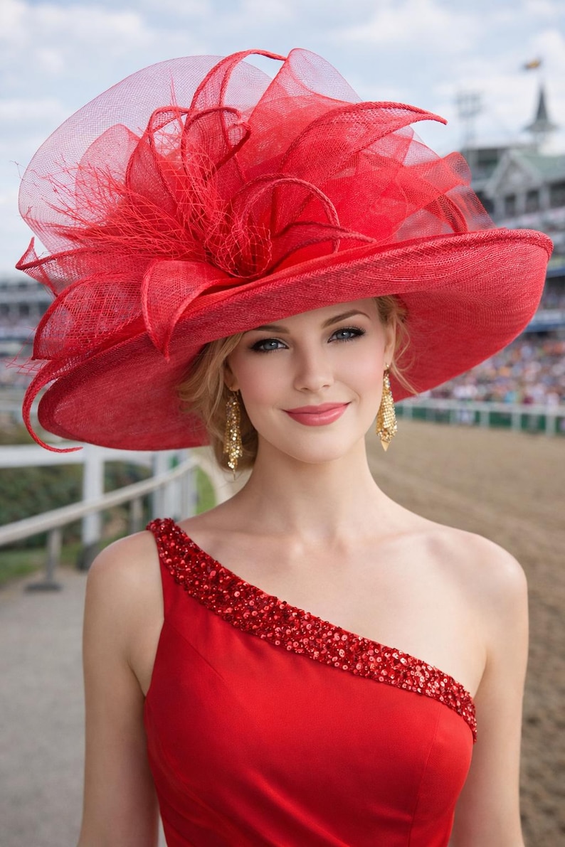 Red Large Wide Brim Sinamay Kentucky Derby Hat(G7): Netting Bow with Sinamay Flower image 2