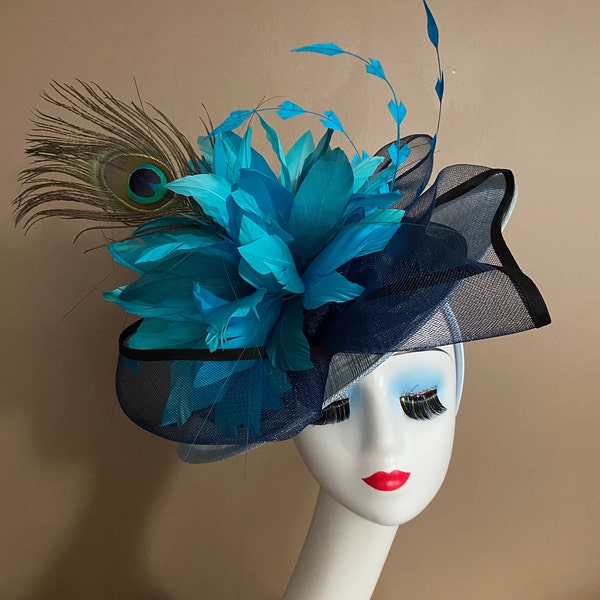 Ready to Ship: Powder Blue Sinamay Fascinator W Navy Netting Bow & Lake Blue/Peacock Green Feather Flower. Mother Day Tea Race Hat