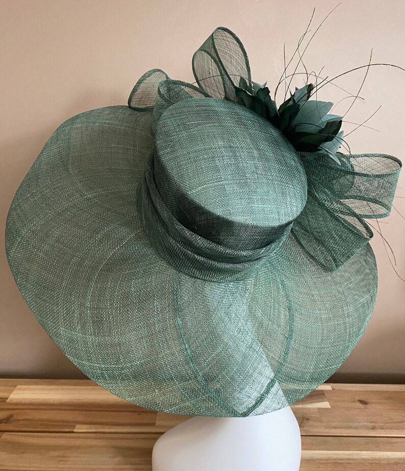 Emerald/Dark Green Wide Brim Church Carriage Kentucky Derby Hat with Green Sinamay Bow and Feather Flower. Easter Race Wedding Tea Ascot Hat image 4