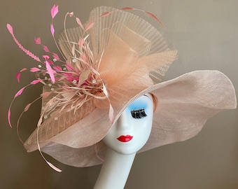 Ready to Ship: Pale Pink Wide Brim Kentucky Derby Hat W Large Netting Bow & Shades Pink Feather Flower. Mother Day Easter Wedding Tea Hat