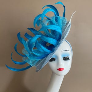 Powder Blue Kentucky Derby Fascinator W Sinamay/Netting Bow & Large Feather Flower. Mother Day Wedding Easter Tea  Race Ascot Hat