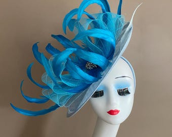 Powder Blue Kentucky Derby Fascinator(m5): Sinamay Feather Flower Hat