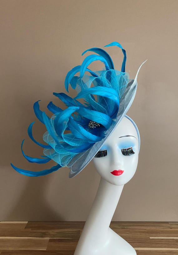 Powder Blue Kentucky Derby Fascinator(m5): Sinamay Feather Flower Hat