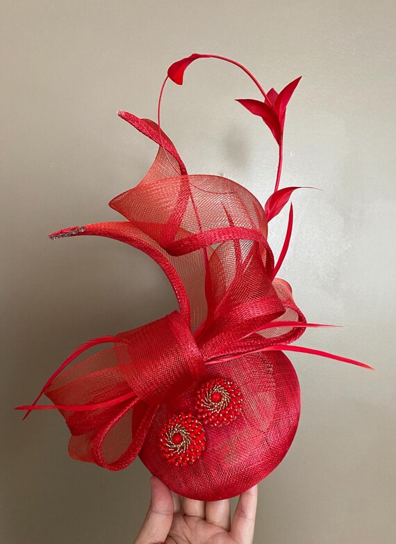New Red Feather Fascinator Pearl Embellishment Sinamay Bow Derby Church Tea Hag Red Sinamay Fascinator Hat Wedding Fancy Feather Hat for  main image 4