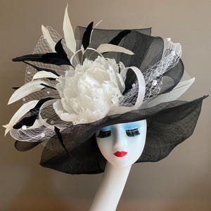 Black Wide Brim Kentucky Derby Hat: Feather Flower Tea Party Race Hat