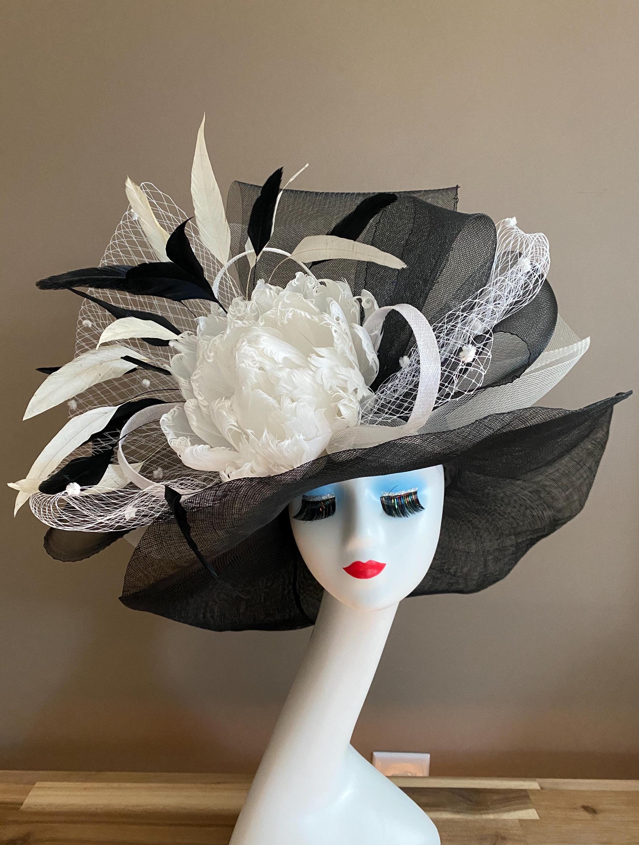 Black White Wide Brim Derby Hat Floral Feather Church Tea Party Race Day OS M721-SF( White Black +more option for silk flower ) Kentucky  main image 4