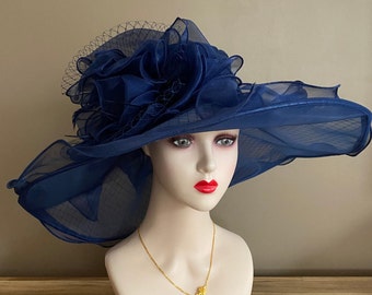 Large Navy Blue Kentucky Derby Hat. Organza Dress Hat. Mother's Day Hat. Easter Hat. Church Hat. Ascot Hat. Tea Hat. Cocktail Hat. Race Hat