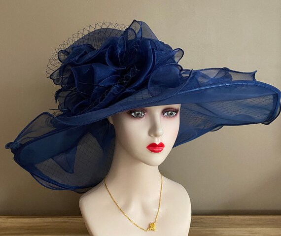 Kentucky Derby Hat New Navy Organza Floral Feather Fascinator Kentucky Oaks Kentucky Derby Hat Fascinator Midnight Navy Blue Satin With  main image 4