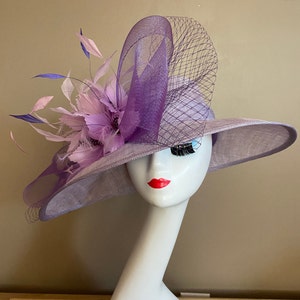 Light Purple/Lavender/Mauve Kentucky Derby Hat W Netting Bow & Shades purple Feather Flowers. Mother Day Race Wedding Hat image 6