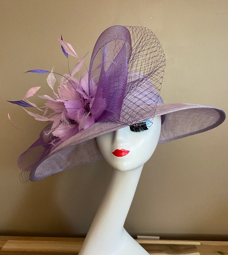 Light Purple/Lavender/Mauve Kentucky Derby Hat W Netting Bow & Shades purple Feather Flowers. Mother Day Race Wedding Hat image 6